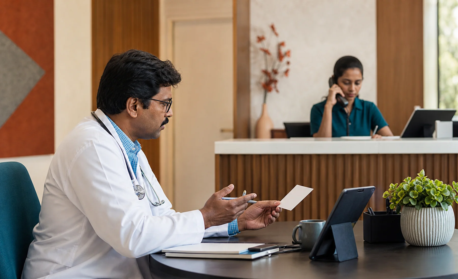 Doctor and reception team coordinating a clinic growth workflow